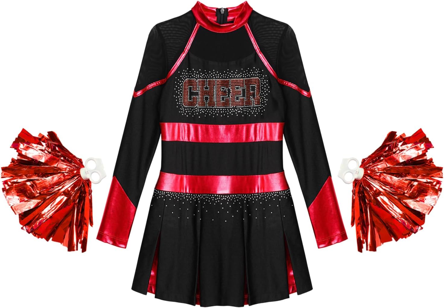 TiaoBug Kids Girls Rhinestone Letter Print Long Sleeve Cheerleading Uniform Dance Dress with Pom Pom Carnival Dancewear