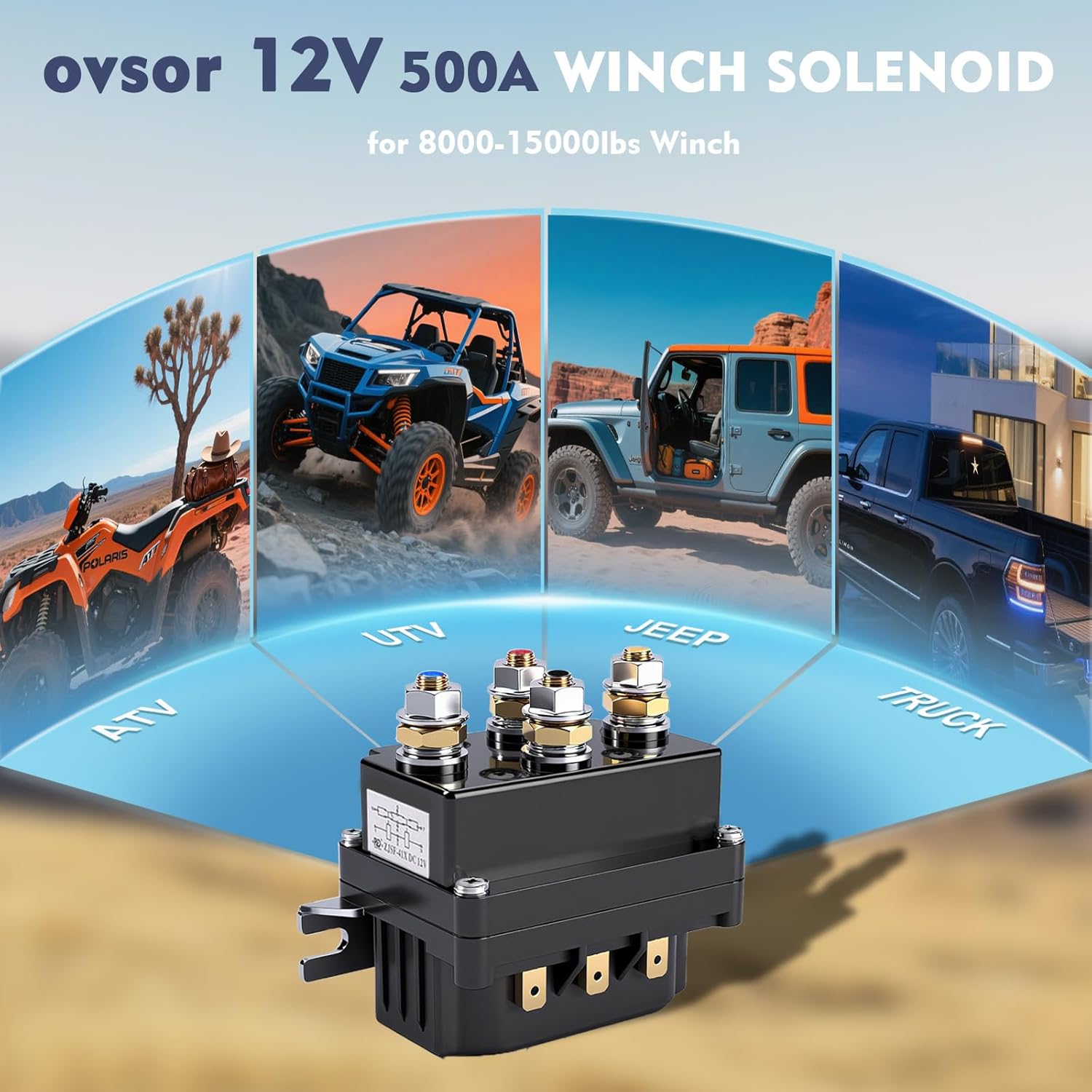 ovsor 12V 500A Well-Made Winch Solenoid Relay Contactor Thumb Truck Serves as a Perfect Replacement for ATV UTV 8000-12000lbs Winch with 6 Protecting Caps