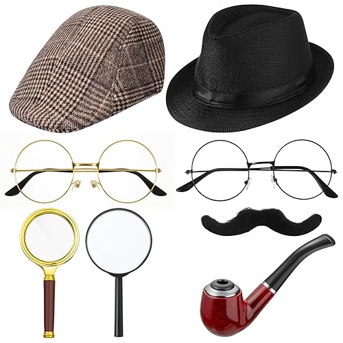 Jeyiour 8 pcs Detective Costume Accessories for Adults Detective Hat Kit Outfit Party Decoration