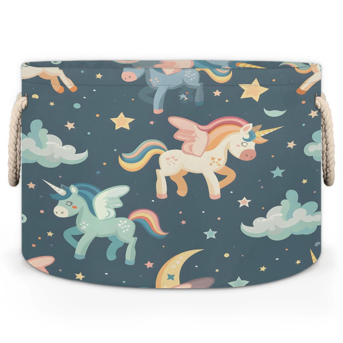 Tablerazzi Cute Unicorn Cloud Large Round Blanket Basket Bin, Blanket Basket for Living Room Collapsible Fabric Laundry Hamper Basket with Handle