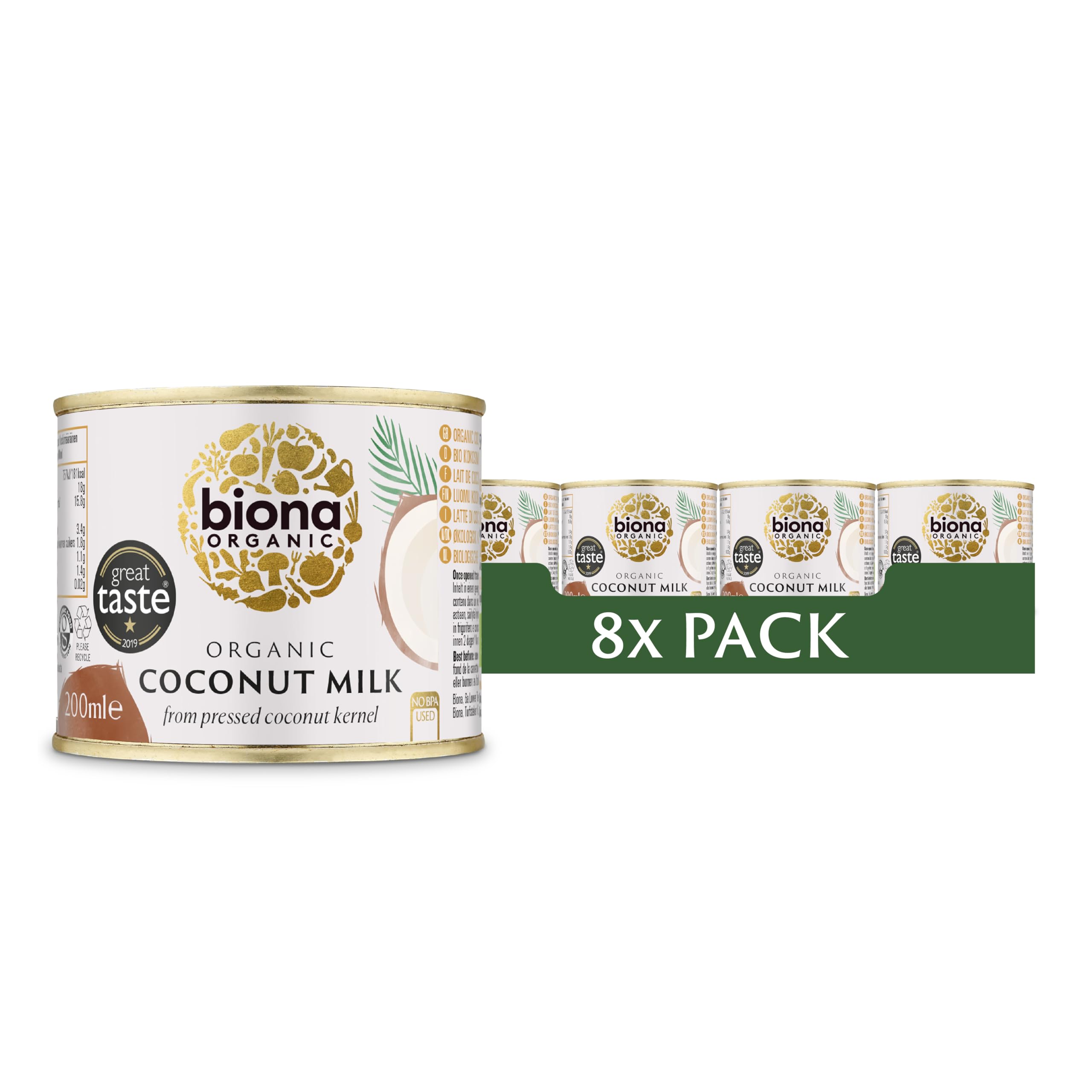 Biona Organic Coconut Milk ,Dairy Free, Naturally Vegan - Pressed from Coconut Kernels - For Cooking and Baking - Vegan,200 ml (Pack of 8)