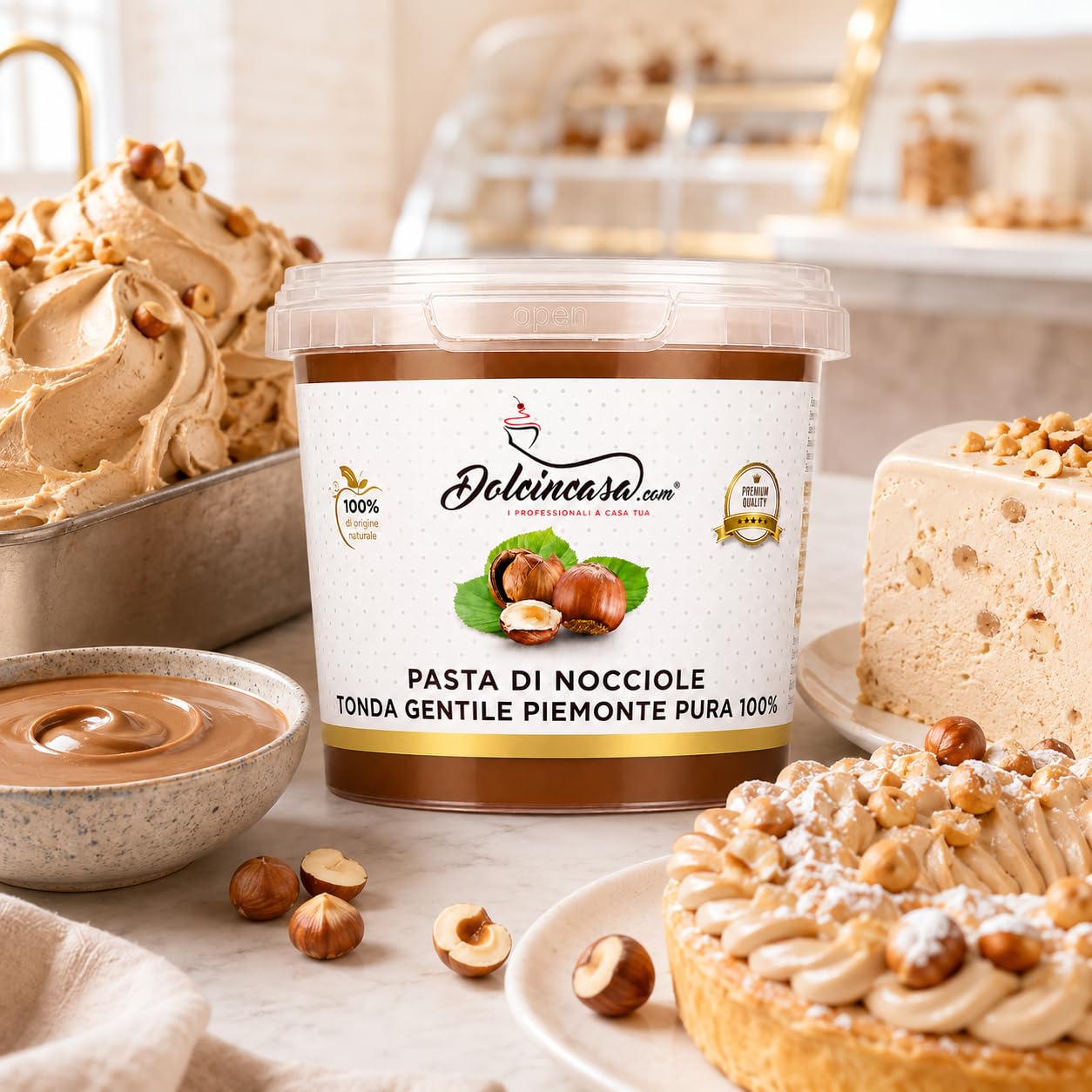 Dolcincasa-Pasta di Nocciole Piemonte IGP Nocciola Tonda Gentile delle Langhe Pura al 100% per Gelati, Creme, Panna e altri usi in Pasticceria 500g
