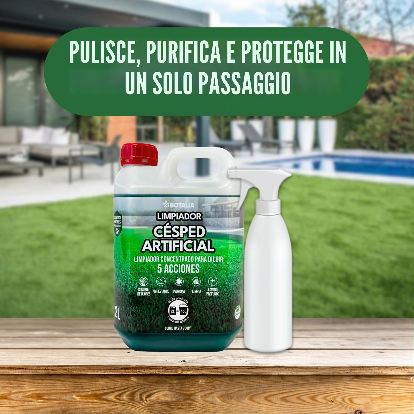 PLANTAWA Detergente per Prato Artificiale 2L Concentrato | Prodotto fino a 40L Reali | Pulizia Esterna per Giardini, Terrazze e Cortili con Animali Domestici | Aroma Fresco Duraturo