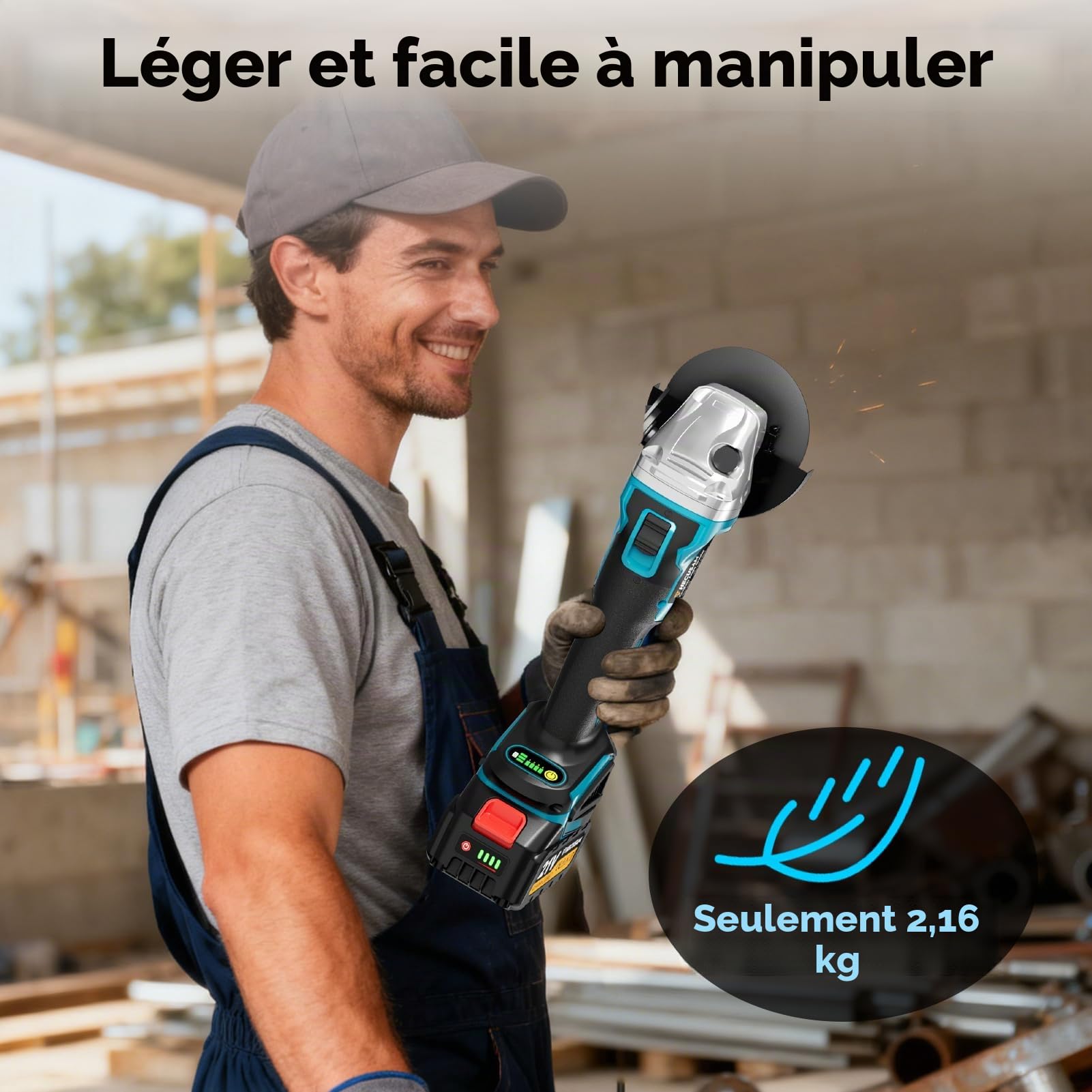 Meuleuse D'angle 125mm Sans Fil Flex, Set Avec 2x 4.0Ah Batterie, Moteur Sans Balais 1200W 4 Vitesses 10500RPM, 10 Disques de Coupe Pour Coupe, Meulage Et Brossage (blue)