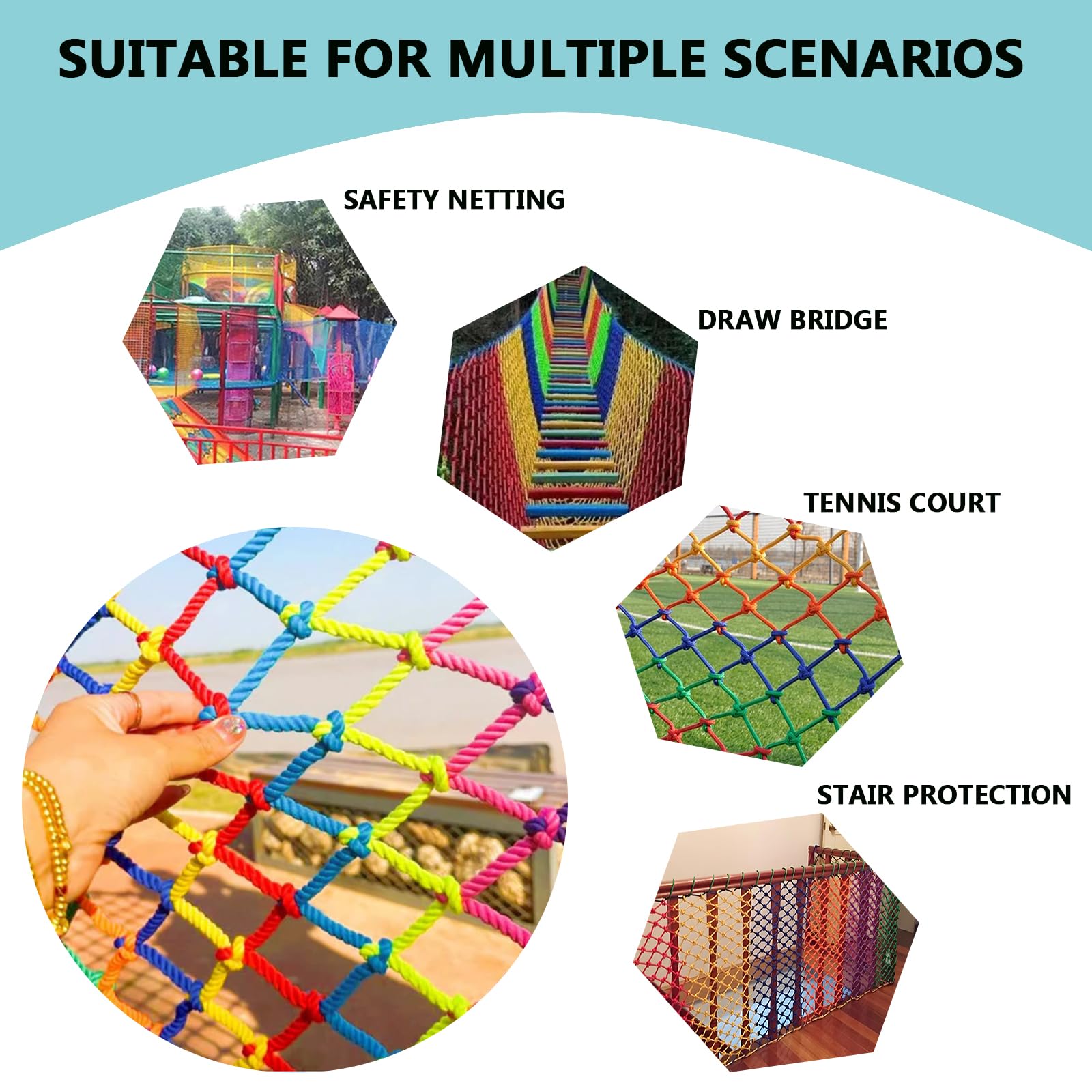 Polyester Rope Nets for Playgrounds,Indoor Balconies,Climbing Draw Bridges Kids Monkey Bar Stair Protection,Pet Enclosures,Boat Safety Lifeline Netting,Cargo,Tennis Courts Width:29.52ft(9m)
