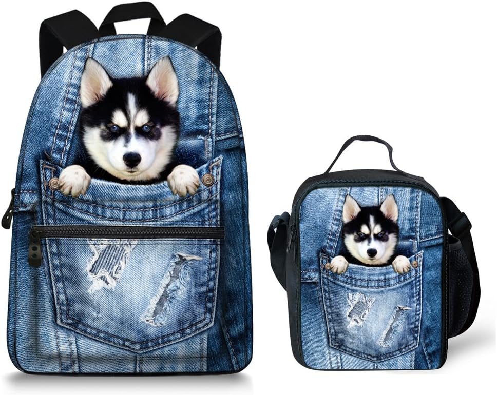 Cute Demin Blue Husky Wolf School Backpack Printed Backpack with Lunch Bag Set for Kids