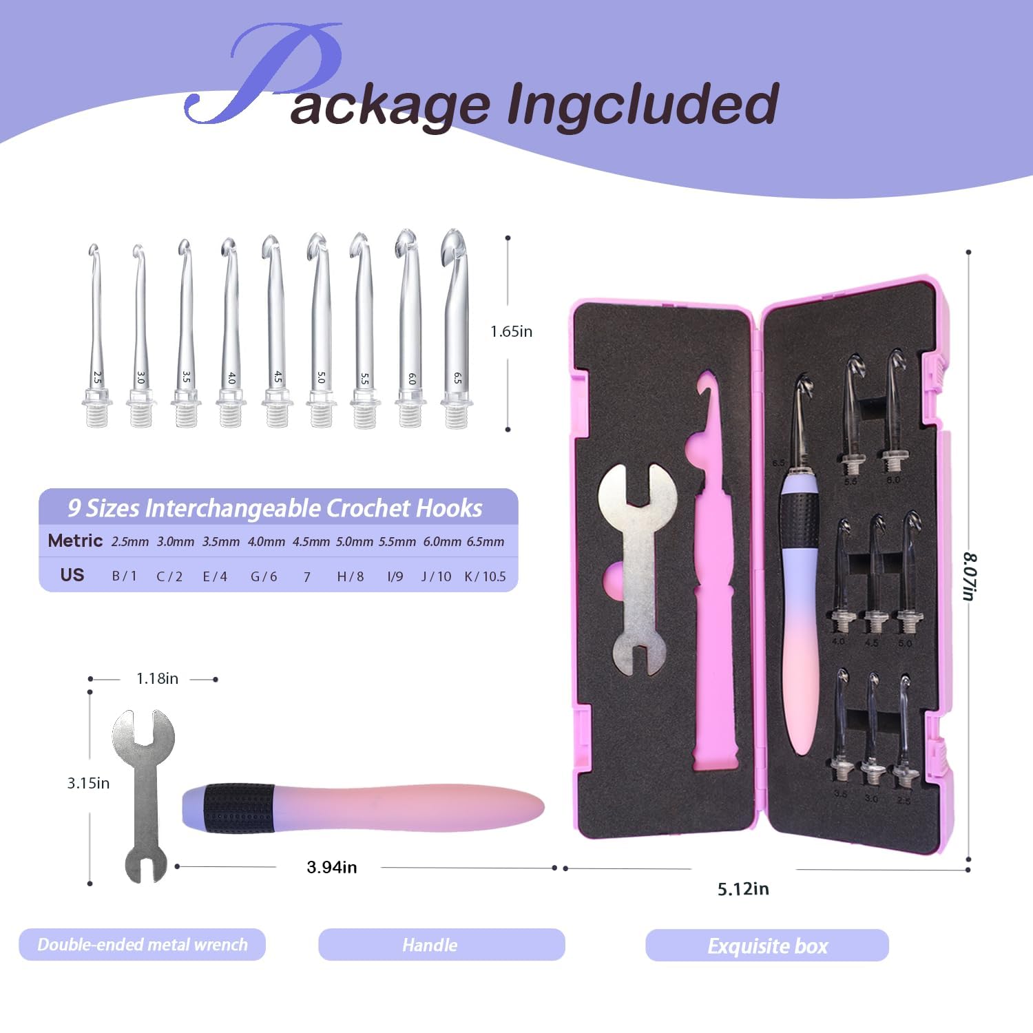Yarniss Interchangeable Crochet Hooks with Screw Handle,8 Size Ergonomic Crochet Hooks with Comfortable Handle 2.5~6.5mm,Gradient Purple — view 2