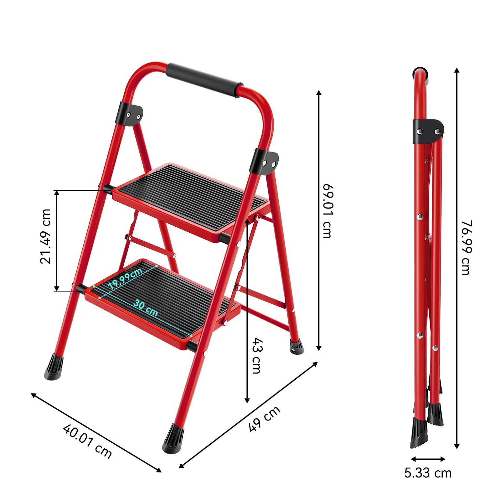 KINGRACK Scala a 2 gradini, scala pieghevole con pedale antiscivolo e largo, scala piccola con maniglia, in acciaio robusta, leggera e portatile, rossa