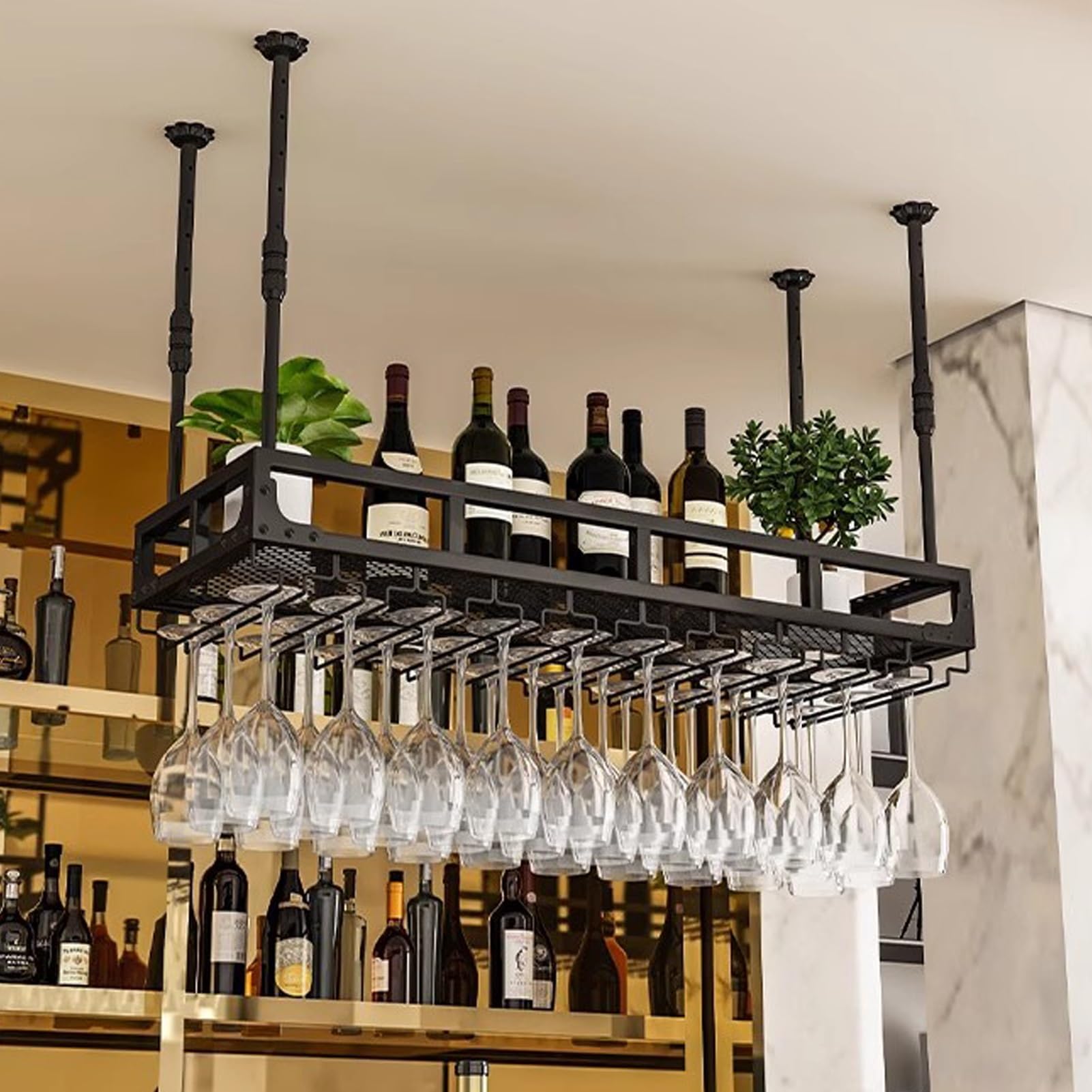 Estante Colgante de Techo con Barra para Colgar, estantes de Almacenamiento Colgantes, Soporte para Flores, Estante de Techo para organizar Utensilios de Cocina, Estante para ollas y sartene