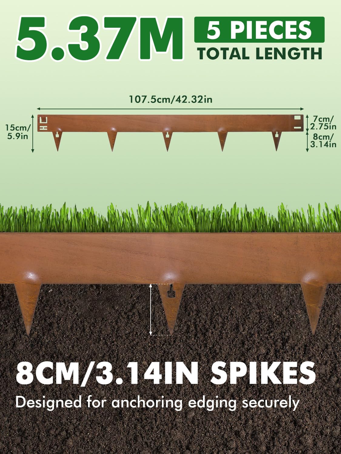Bordura per Aiuola, 107,5×20 cm Bordatura per Giardino Flessibile, Bordo Aiuole in Acciaio Corten | 5Pcs Bordure per Prato, Bordi Paesaggistici in Metallo, Garden Edging, Lawn Edge -Totale 5M