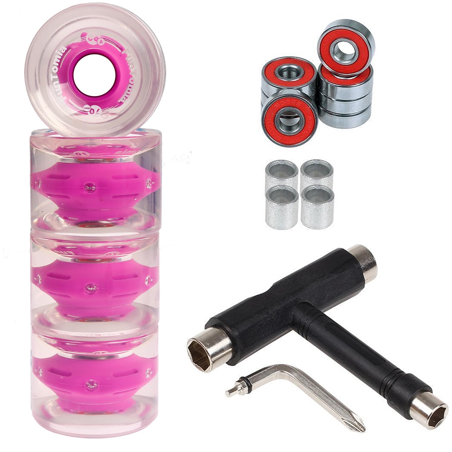 FunTomia - 4 Ruedas LED para Longboard, 70 x 51 mm, 80A, con 8 rodamientos de Bolas Mach1 ABEC-11, con Dos Ejes + T-Tool — view 14