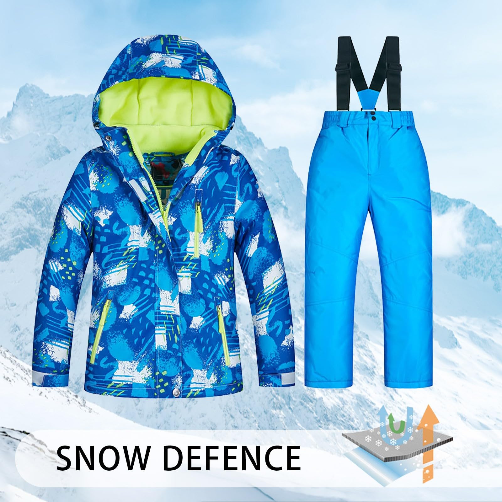 Combinaison de Ski Enfant Fille Ensemble 2pcs Veste à Capuche + Pantalons Costume de Neige Garçon Imperméable 2 Pièces Hiver Ensemble de Ski pour 3-12 Ans