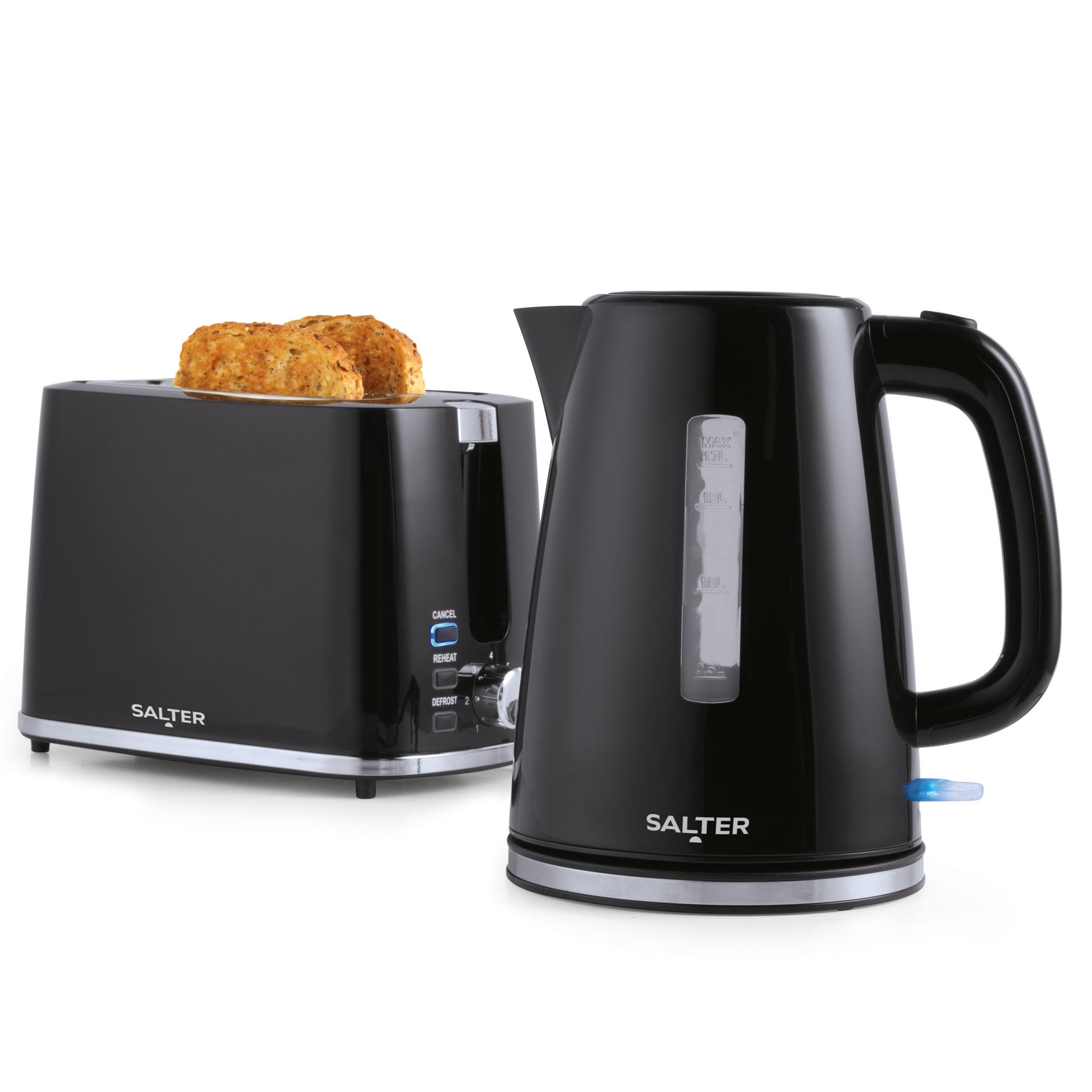 Salter COMBO-9133 Deco Kettle and Toaster Set – Rapid Boil 3 kW Kettle With Removable Limescale Filter, 2-Slice Wide Slot Electric Toaster, Crumb Tray, Self-Centring, Water Level Indicator, Black — image 1