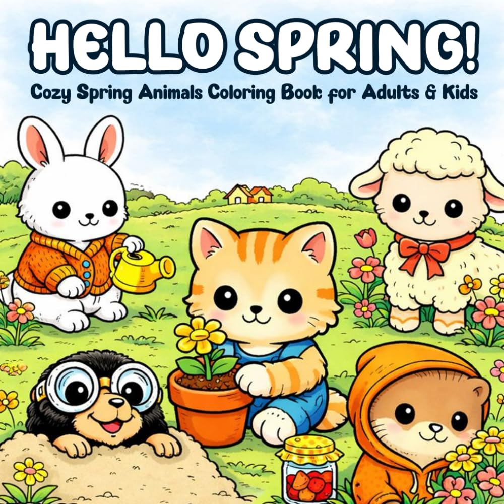 Hello Spring!: Cozy Spring Animal Coloring Book for Adults & Kids | Bold, Easy Coloring Pages for Relaxing Spring Fun