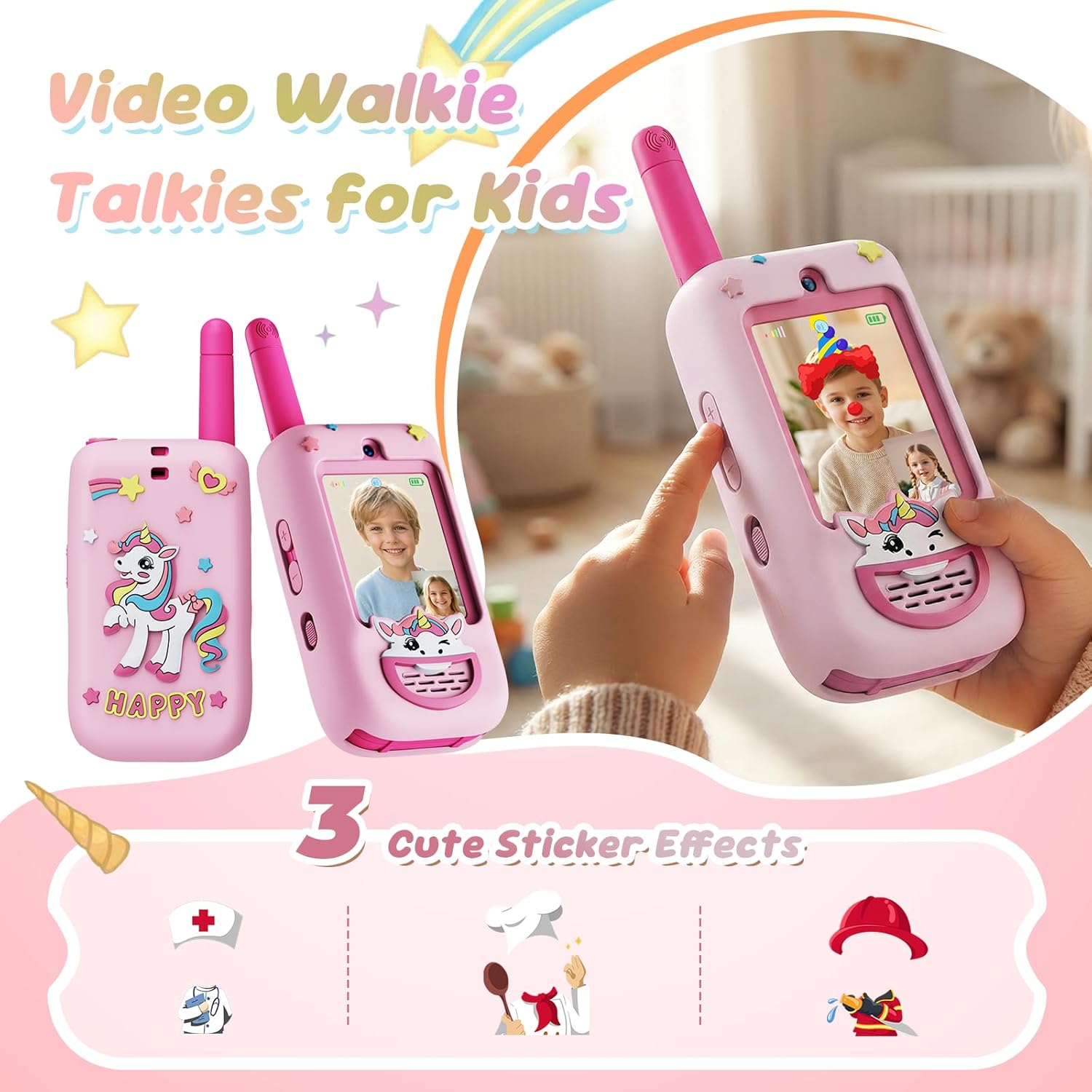Kids Video Walkie Talkies, 2 Pack with Screen, Two Way Radio with 4 Voice Effects, Rechargeable Long Range Toys for Boys Girls Age 3-12, Camping Hiking Birthday Gift