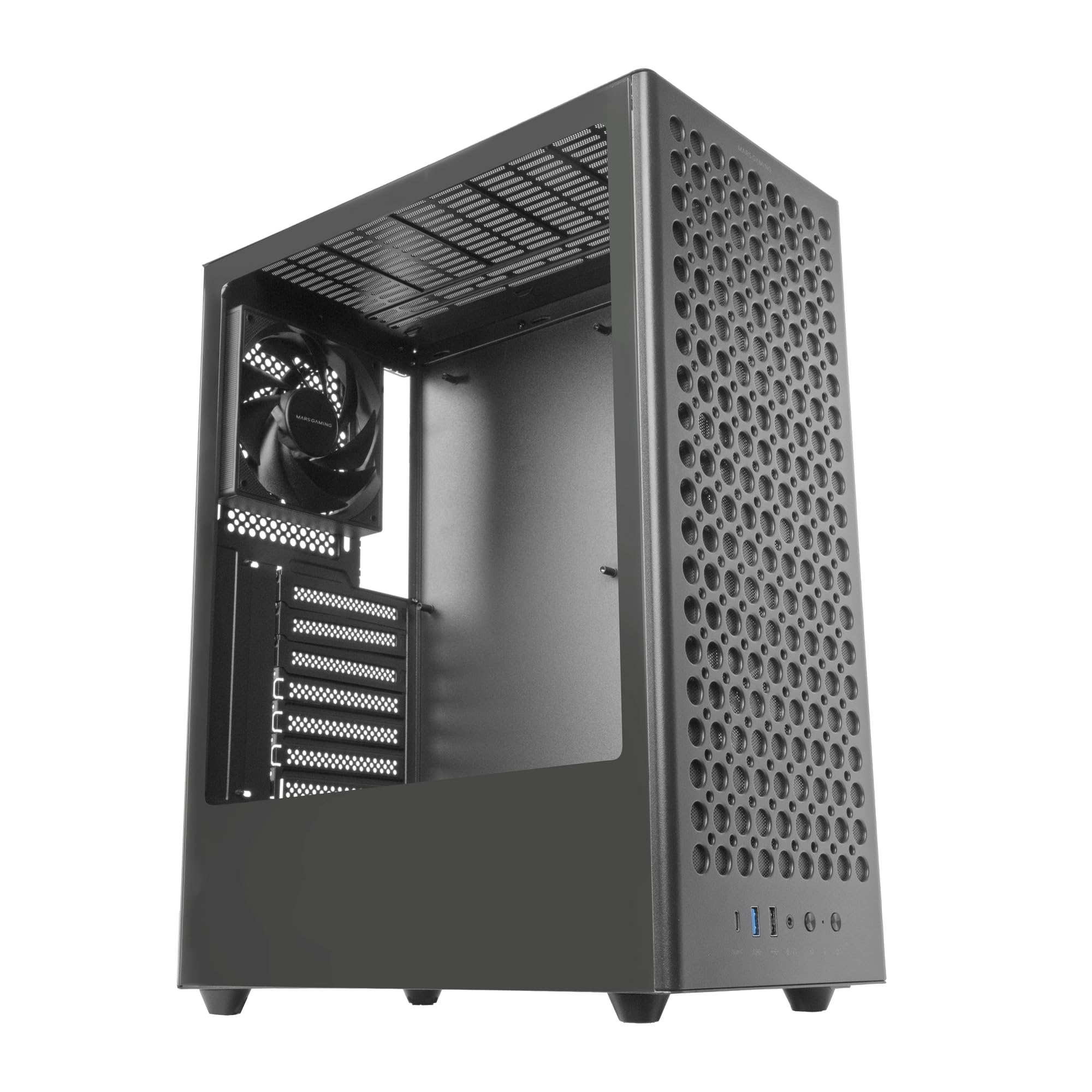 Mars Gaming MC-T800, Caja Gaming ATX, 4X Ventiladores FDB 120mm Ultrasilenciosos, Panel Frontal Airdot Mesh, Ventana Lateral de Cristal Templado, Semitorre PC con Sistema CableHatch, USB-C, Negro