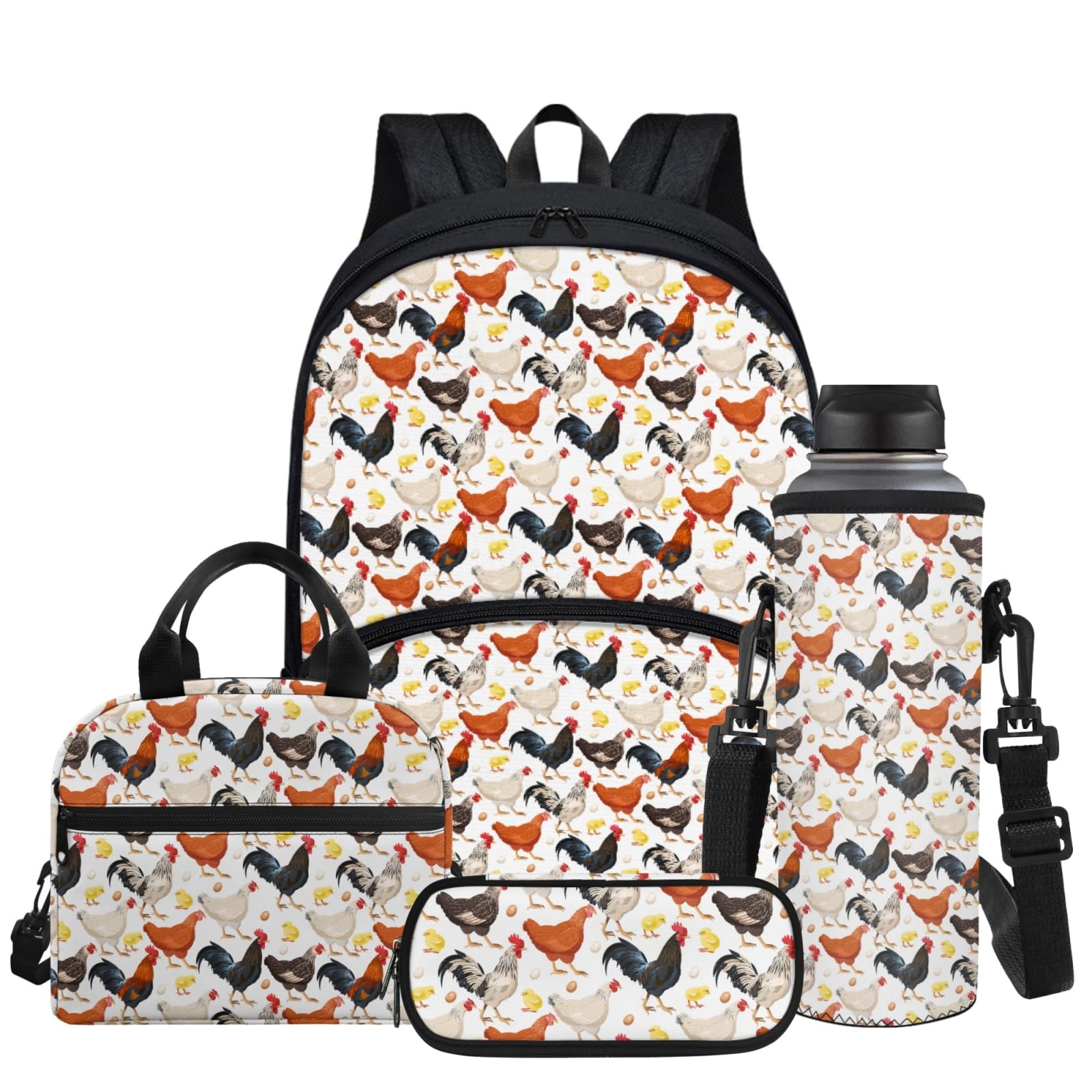 Glomenade Chicken Rooster Backpack for Girls Funny Cock Print Schoolbag Casual Bookbag + Thermal Lunch Box + Water Bottle Carrier + Zipper Pencil Pen