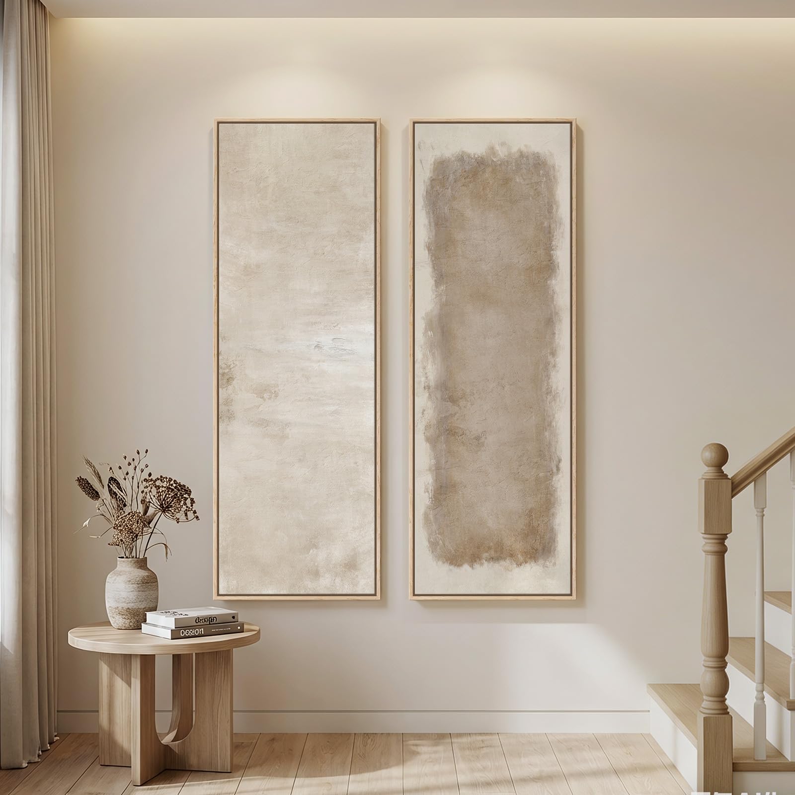 Beige Cream Abstract Vertical Canvas Duo