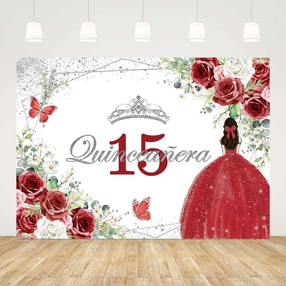 AIBIIN 8x6ft Quinceañera 15th Birthday Backdrop Red and Silver Floral Butterfly Birthday Decorations Background 15th Birthday Party Decoration for
