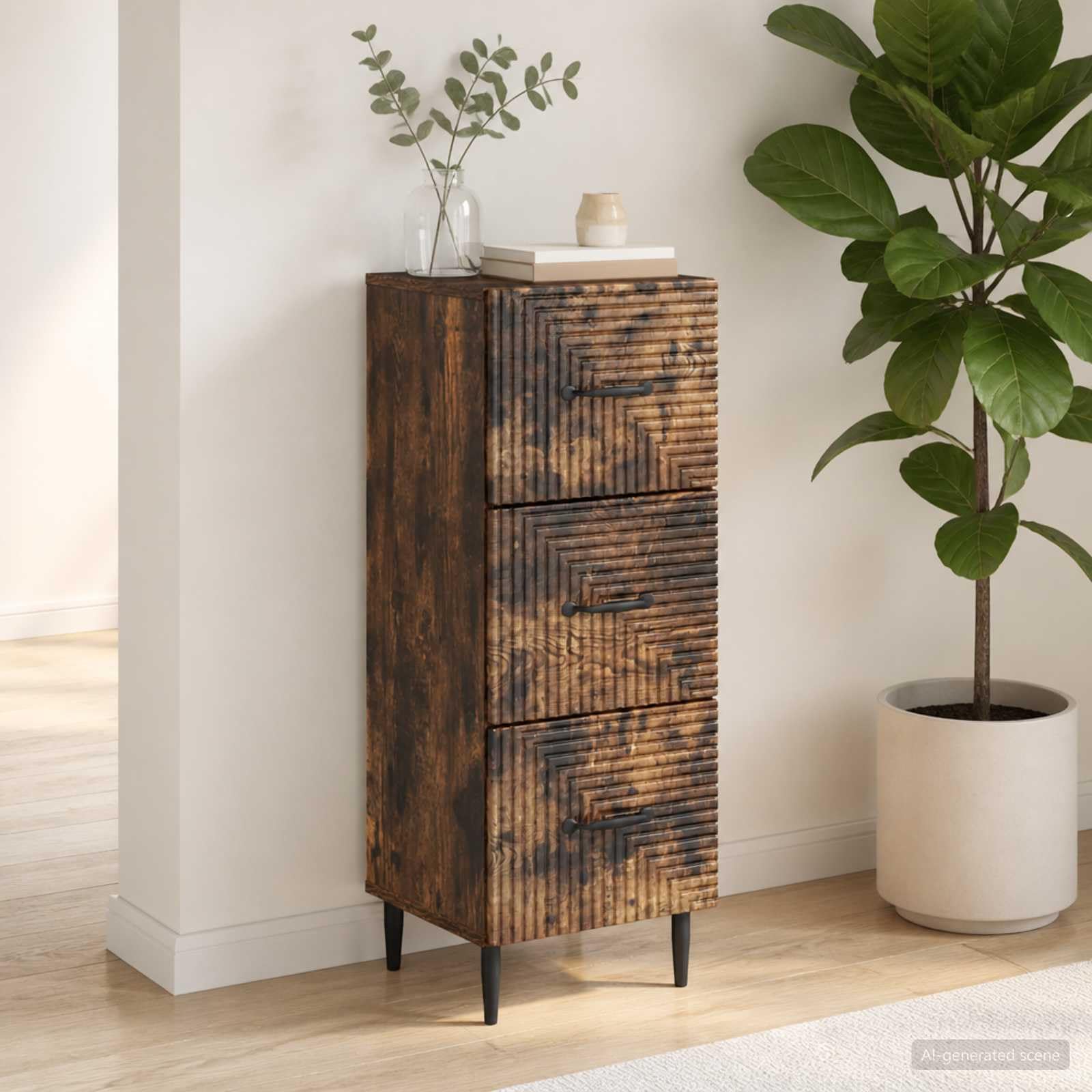Cassettiera in rovere affumicato, 33 x 34,5 x 89,5 cm, con 3 cassetti, armadietto multiuso per soggiorno, ufficio, corridoio, spazio e conservazione