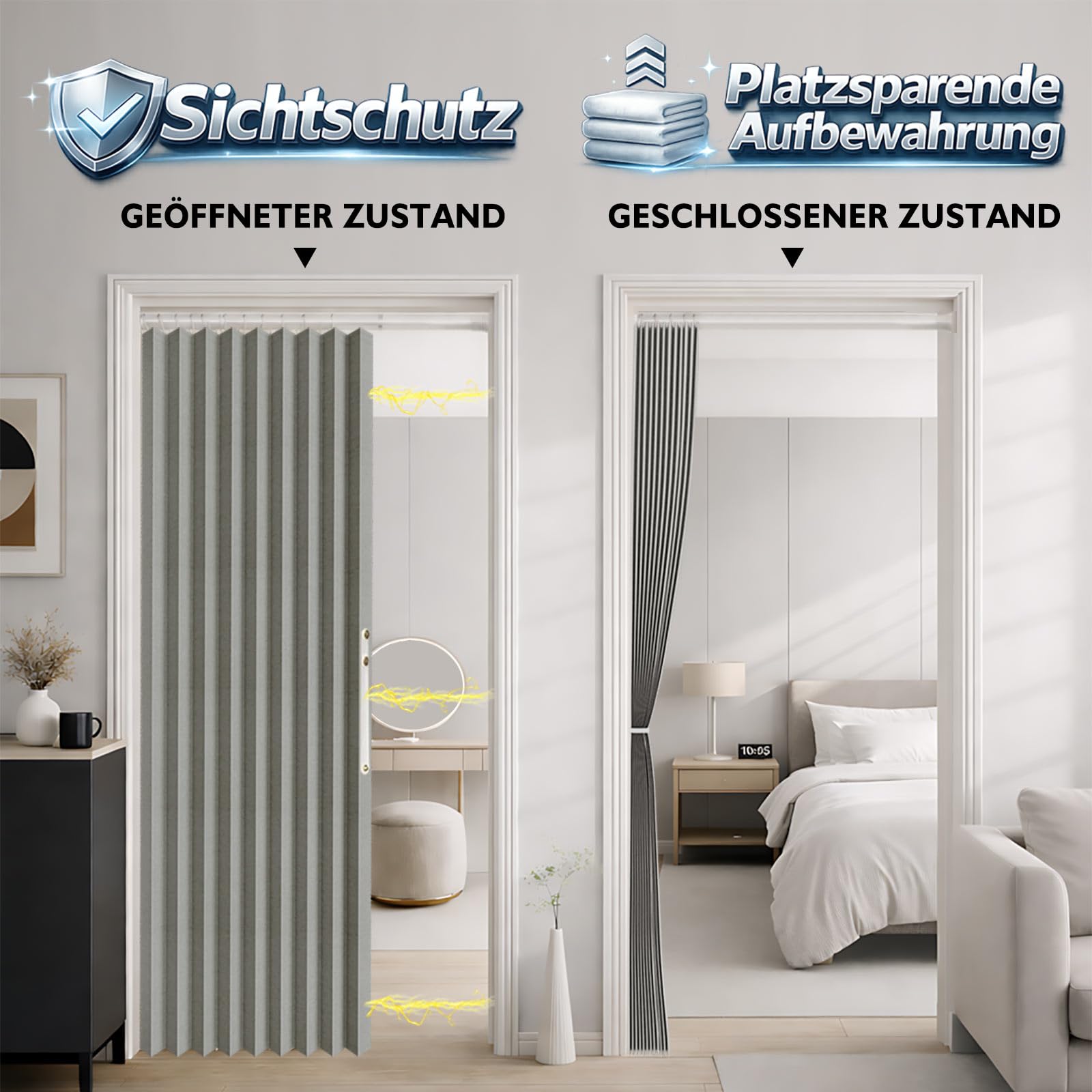 Magnetischer Türvorhang Blickdicht, ohne Bohren – Mit Teleskopstange, Faltenbalg-Design für Schlafzimmer & Flur (Grau, 198 x 106 cm, 1er Pack)