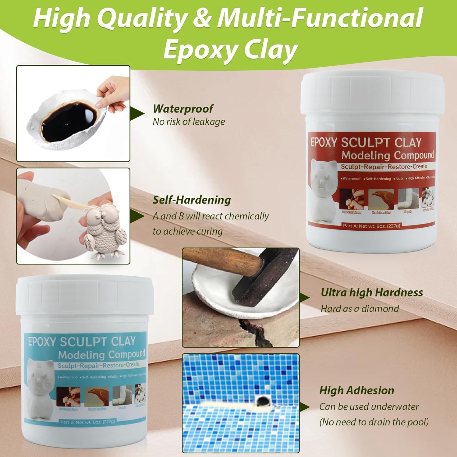 Epoxy Sculpt Pool Putty pour fuite sous l'eau, AB pâte auto-lubrifiante pour modeler, modeler, réparer, remplissage, métal, bois, carrelage, céramique blanche