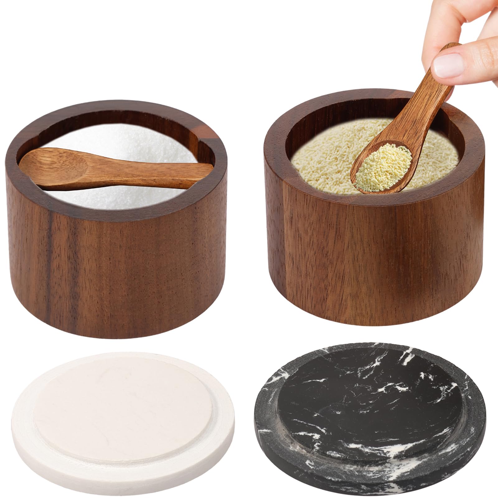 Nzwbshssp 1 Grid Set Of 2 Acacia Wood Salt Cellar With Marble Lid - Natural Wooden Spice Box With Built-In Spoon - Pepper & Sugar Seasoning Container For Kitchen Countertop - Luxury Salt Pig & Pinch Bowl Set