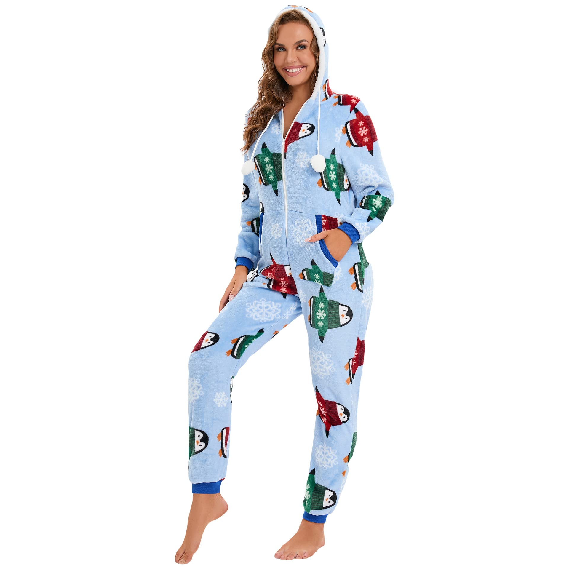 Tuta da donna invernale natalizia, calda, tuta intera per adulti, cosplay, onesie, con cappuccio, morbida, con chiusura lampo