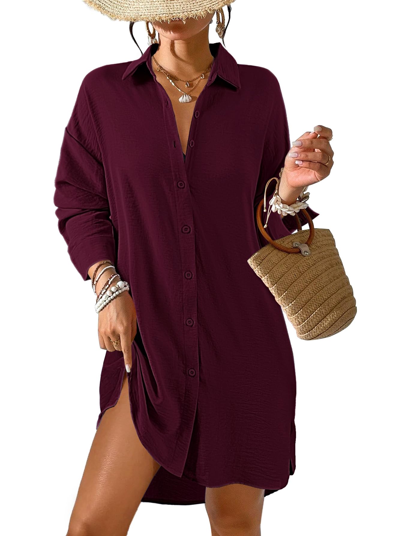 Tanmolo Damen Strandkleid Bikini Cover Up Sommer Strandbluse Strandhemd V-Ausschnitt Strandponcho Bademode Strand Vertuschen Shirt