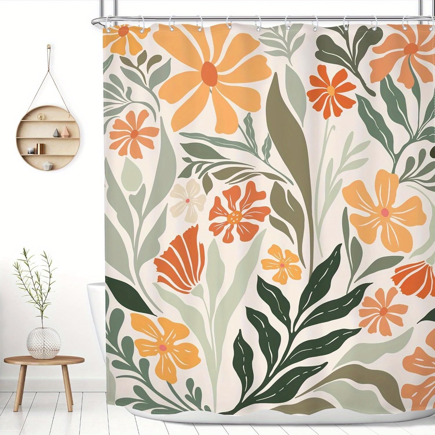 Boho Blumen Duschvorhang 300x190cm/Breite x Höhe Abstraktes rustikales Salbeigrün mit orangefarbenen, beigen und blaugrünen Blumen, Polyesterstoff