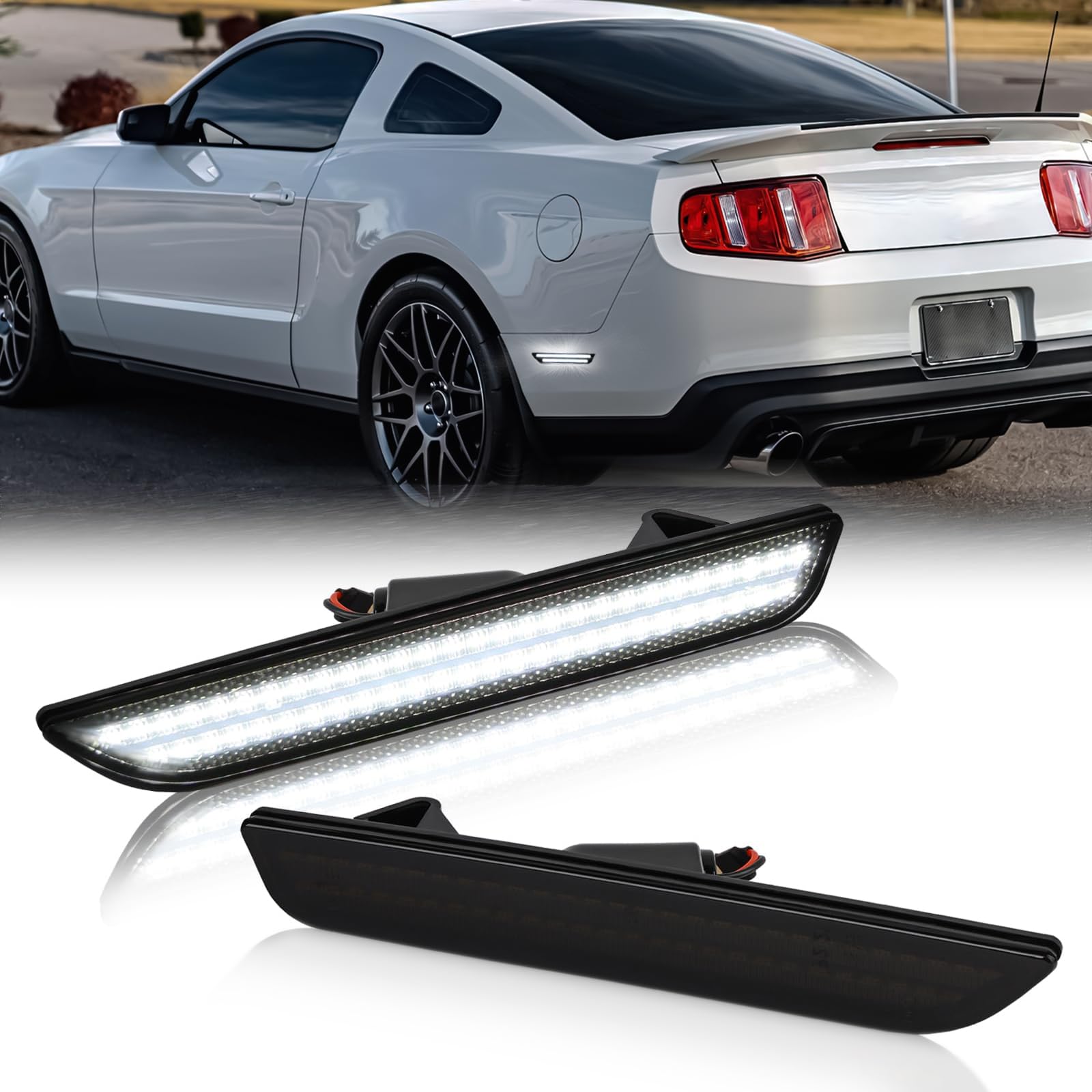 DERMOKA LED Side Marker Lights Rear Bumper Fender White Parking Lamps for 2010-2014 Ford Mustang 2PCS, Smoked Len