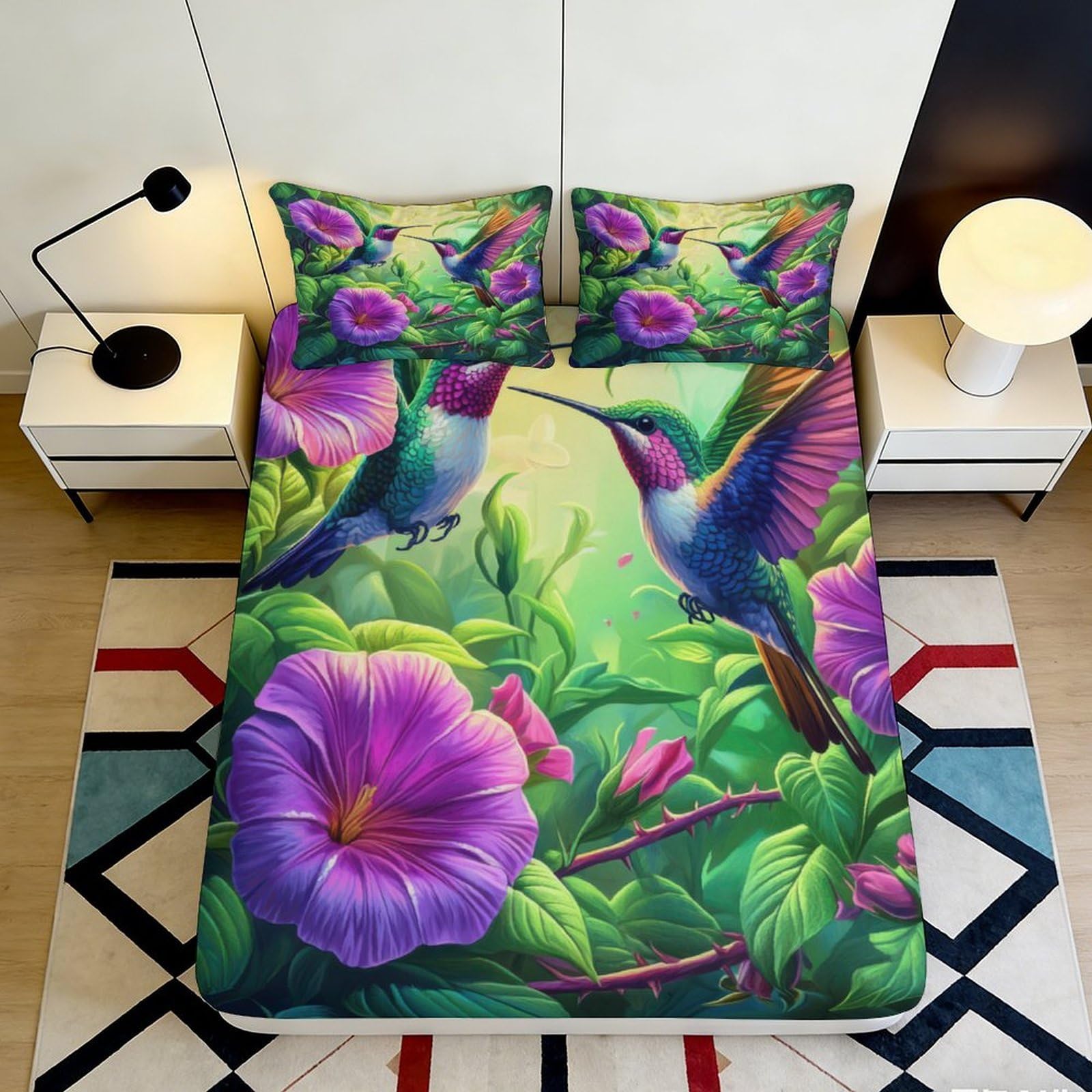 3D Printed Hummingbird Floral Fitted Sheet Microfiber Soft Bedroom Decor Mattress Cover for Home Guest Room 90x200x25cm