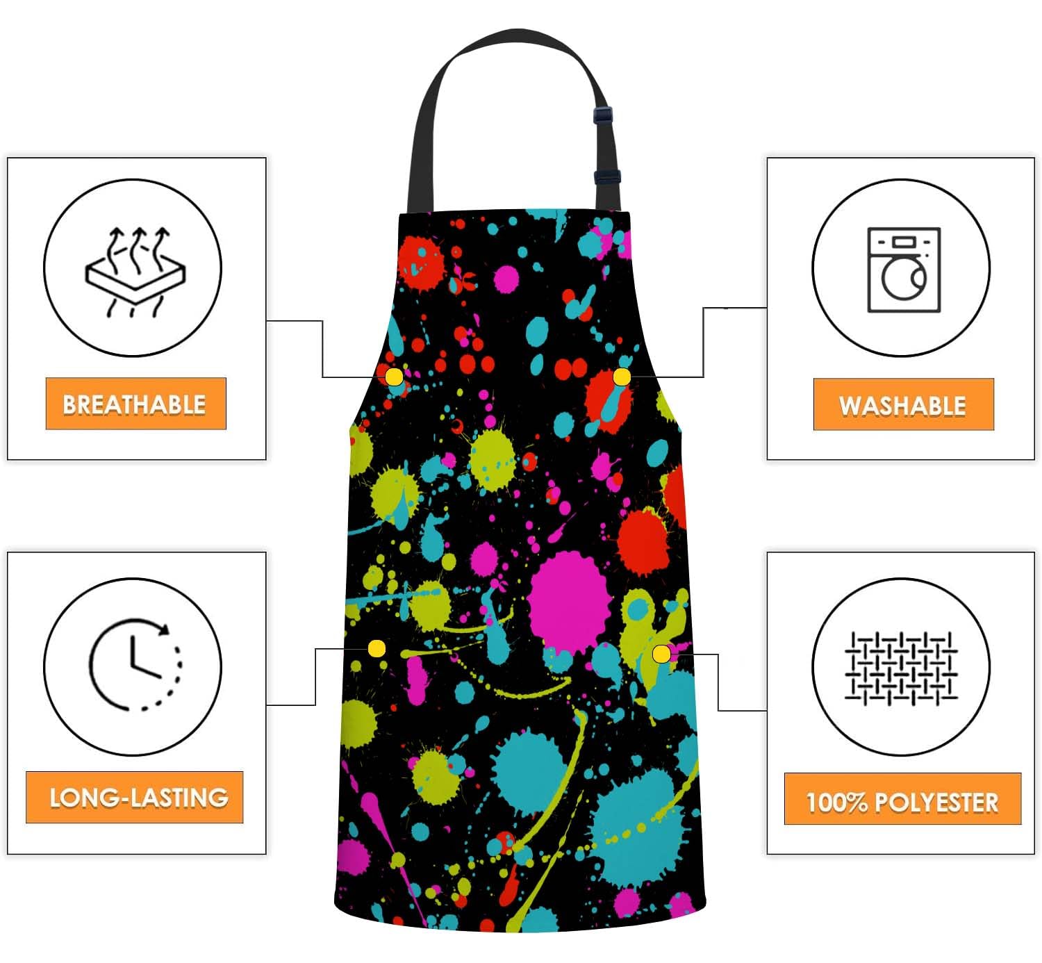 Smooffly Neon Splatter Pattern Apron for Men & Women - BBQ & Catering Bibs, 27x31 Inch - Image 4