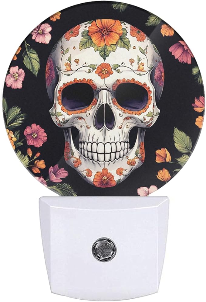 Plug-in Floral Sugar Skull Art Night Light Day of The Dead Skull or Halloween Night Lights Plug into Wall with Auto on/Off Sensor, 0.5W LED Nightlight for Bedroom Bathroom Hallway