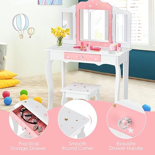 Miniatura 4 de HONEY JOY Vanity - Tocador de madera de princesa de maquillaje con taburete y cajón, espejo de tres pliegues, parte superior desmontable, juego de