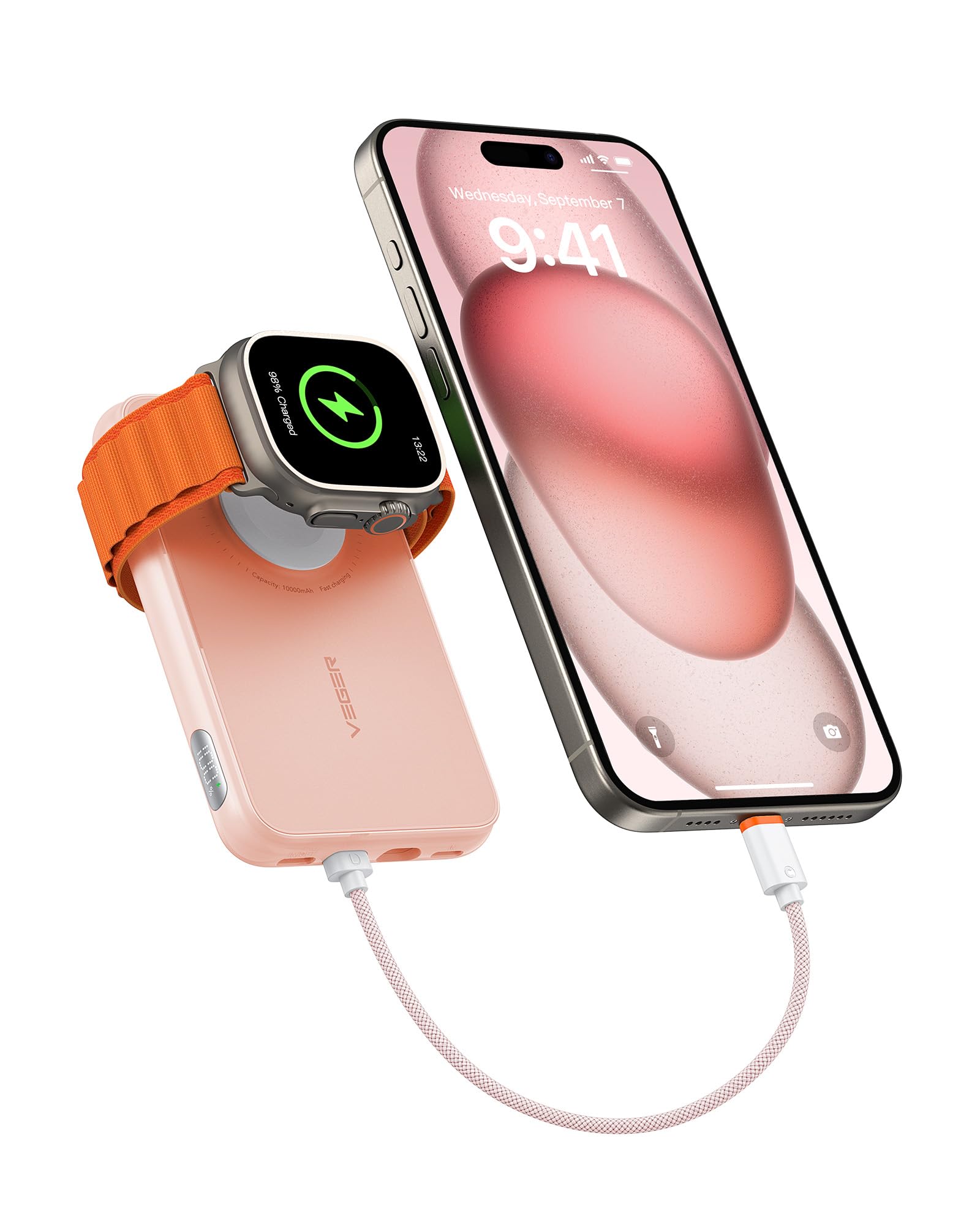 VEGER Power Bank 10000mAh con Cavi Integrati compatibile con iPhone Apple Watch, 20W PD Ricarica Rapida Mini Powerbank USB C Batteria Esterna 4 Ingressi e 3 Uscite con LED Display