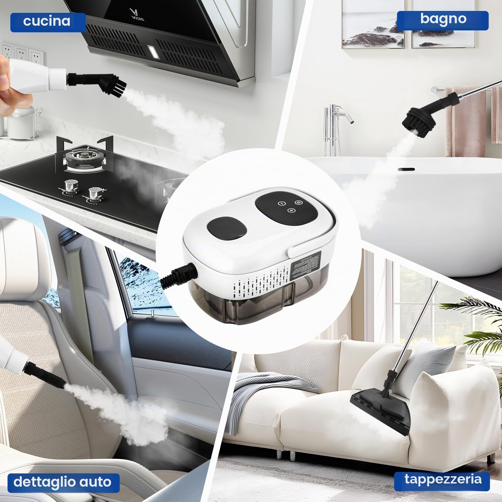 Pulitore A Vapore Portatile 2500w, Pulitore A Vapore Ad Alta Pressione 1100ml Con 3 Testine, Pulitore A Vapore Portatile Multifunzionale Per Mobili Da Cucina, Bagno, Auto (Bianco)