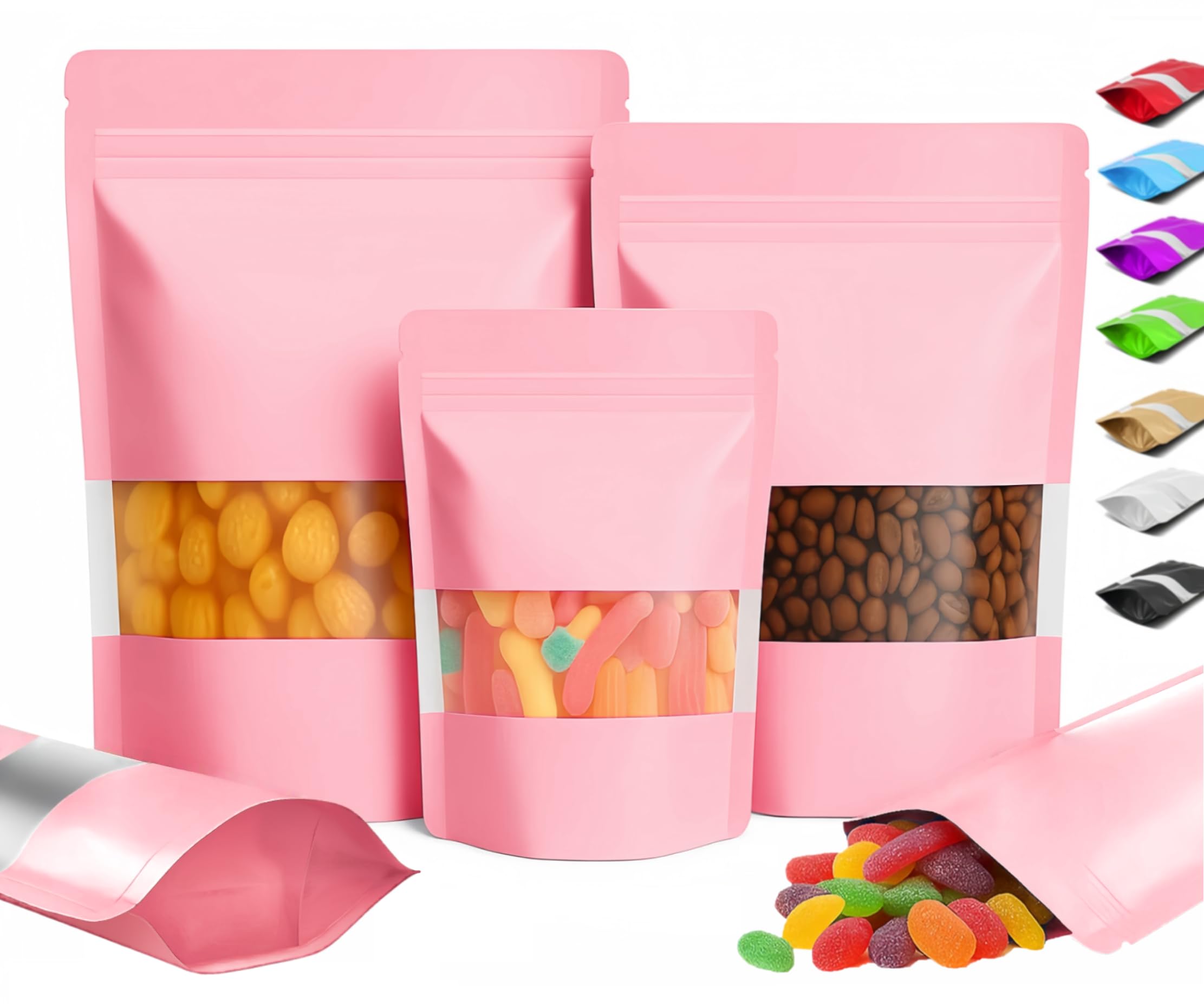 Plaphy 100Pcs Resealable Stand-up Pouches with Window (Pink, 12 x 20 cm)