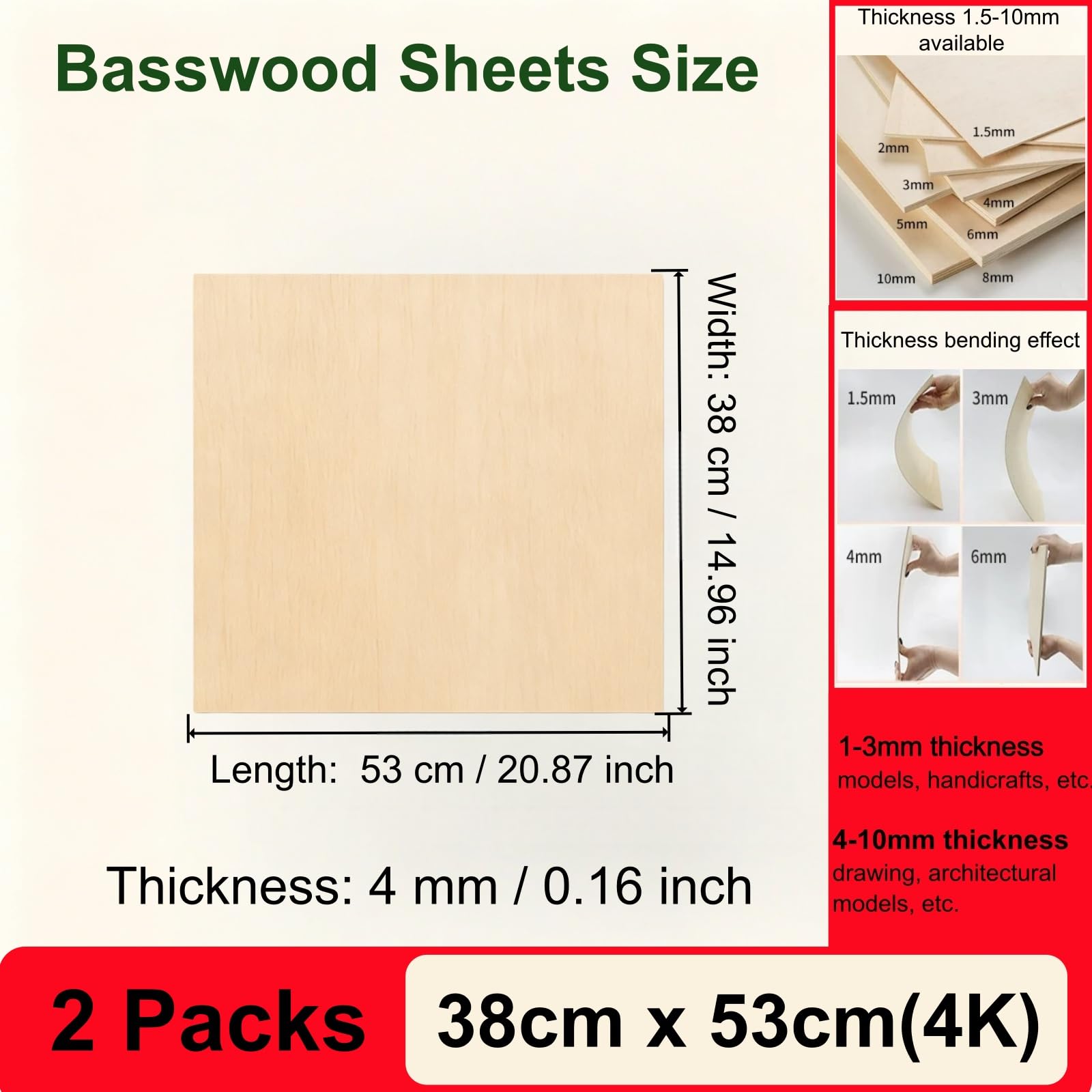 Fogli di Tiglio 38×53 cm Pannelli di Legno Sottile per Lavoretti Fai-da-Te,4mm2PCS | Superficie liscia per taglio laser, incisione, pittura, modellismo e progetti fai-da-te.