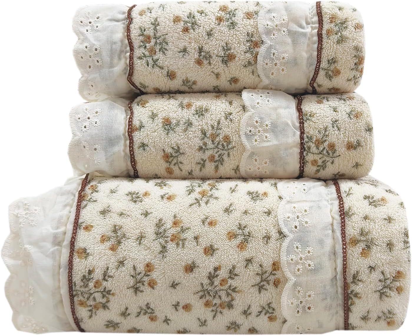 USTIDE 3 Pack Romantic Floral Bath Towel Set - Beige with Yellow Floral & Delicate Lace Trim, Soft Coral Velvet, Super Absorbent & Quick Drying (1 Bath, 2 Hand Towels)