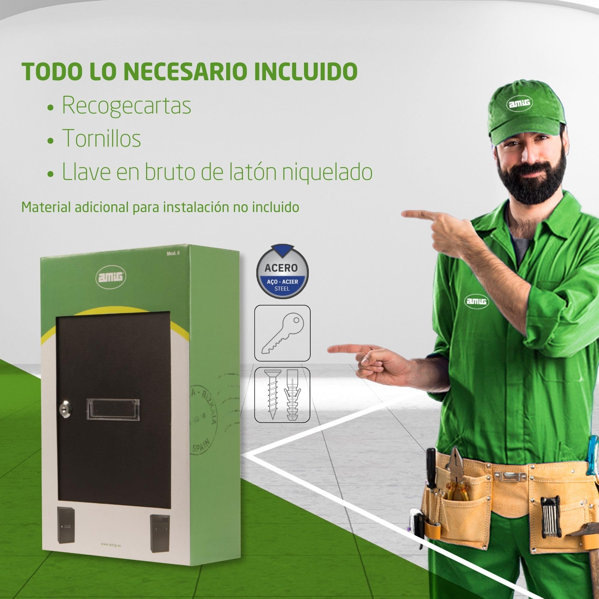 Amig - Buzón Recogecartas para Interior - Tamaño Compacto para DIN A4 - Apertura con Cerradura - Acero Negro- Fácil de Instalar en Puertas o Verjas - 40 x 25 x 10 cm