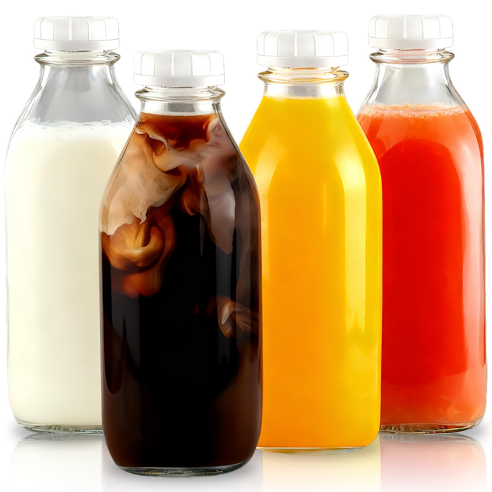 Meetoz Transparent 4 Pcs 1000Ml Glass Milk Bottles With Lid,Reusable Glass Bottless With Lids, Dairy Drinking Bottles Clear Glasss Bottless Juice Drinking For Juices, Dressings, Sauces, Beverages, Decoration And St