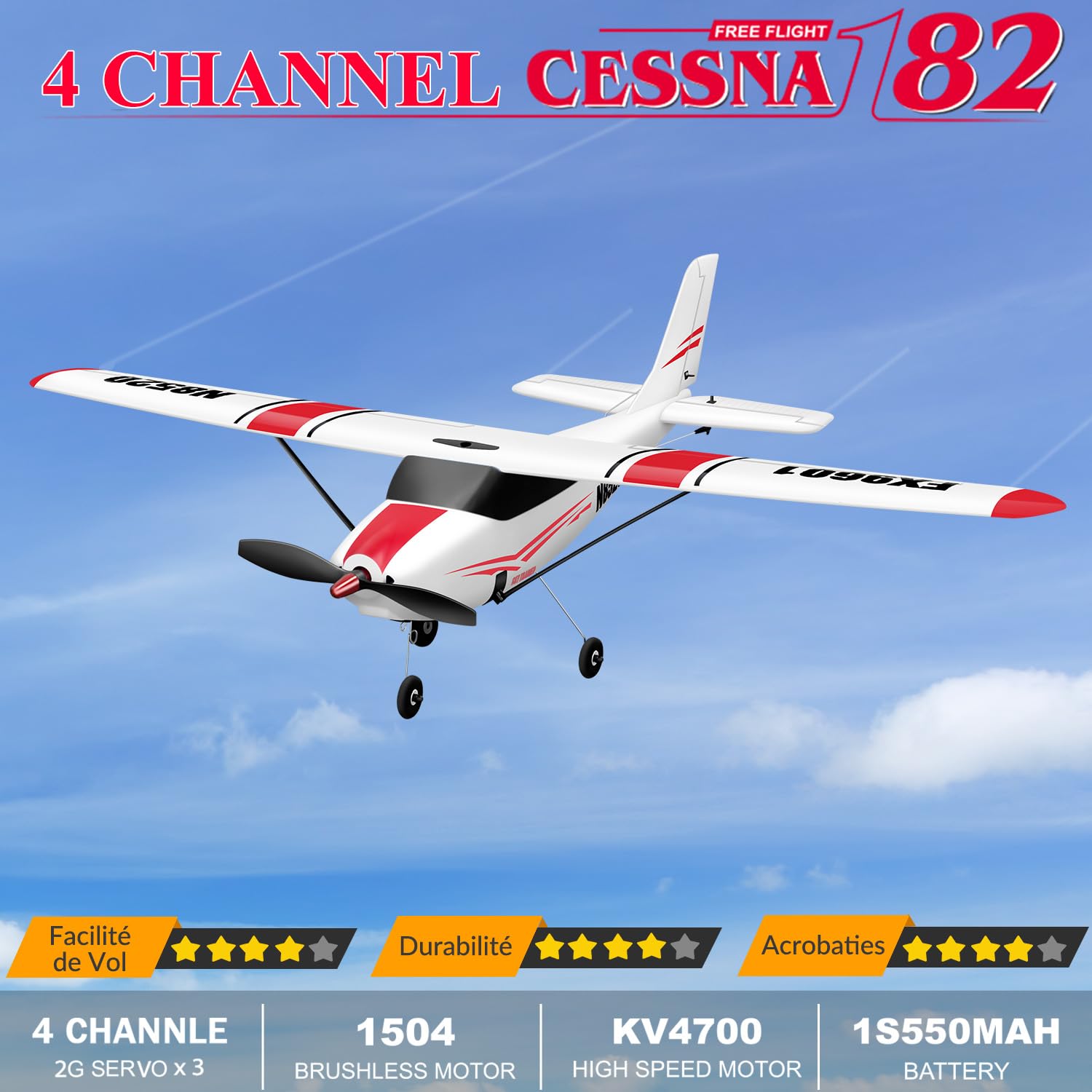 HAWK'S WORK Avion RC Cessna 530mm, Avion Télécommandé 4 Canaux RTF, Moteur sans Balais Gyro 6 Axes 3 Modes de Vol