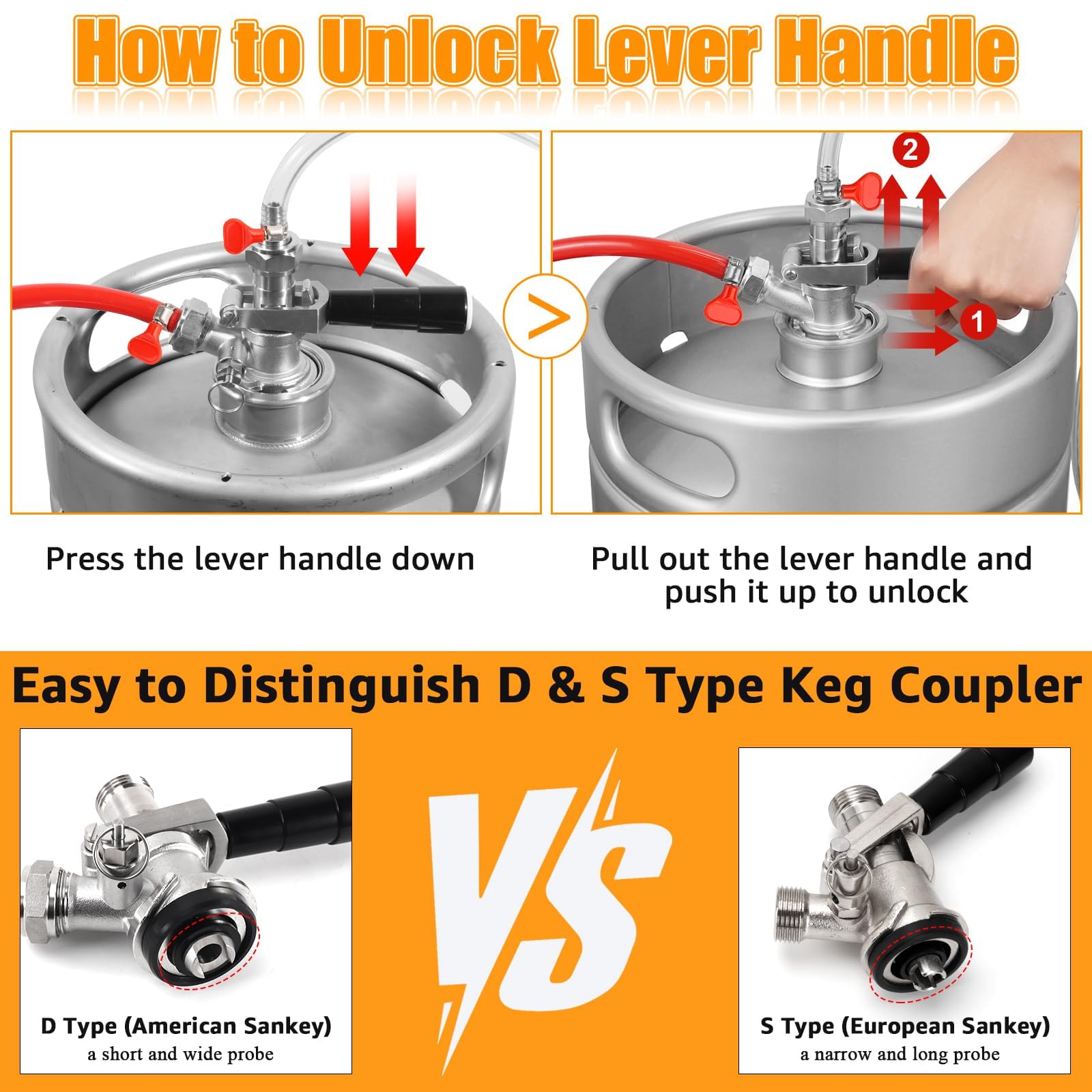 Acoplador de barril D de acero inoxidable, dispensador de grifo de barril de sistema Sankey D comercial Kegerator para línea de cerveza de 1/4 pulgadas, tubo de gas de 5/16 pulgadas, acoplador 5