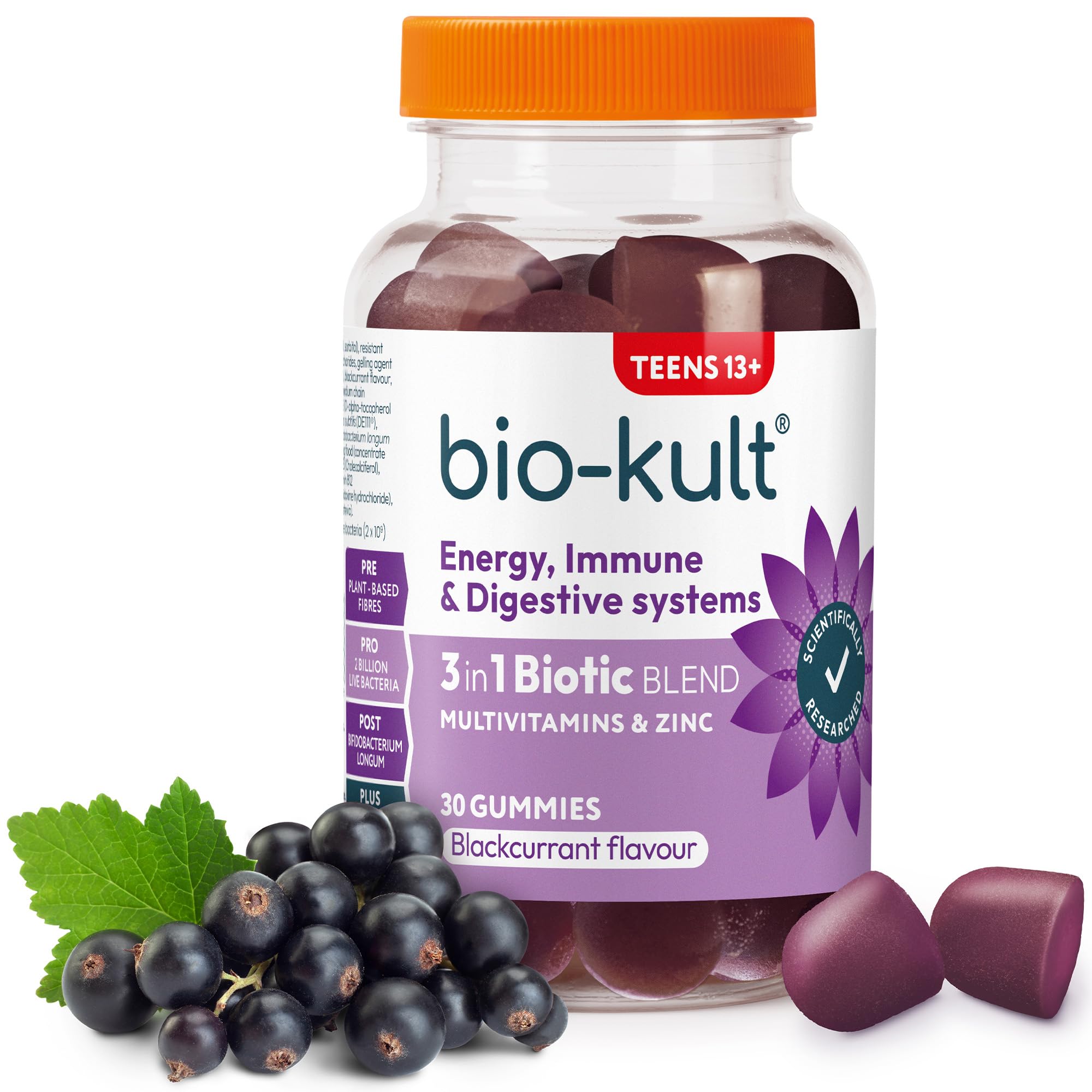 3in1 Gut Health Gummies for Teens | 2B CFU + Multivitamins | Blackcurrant Flavour | Ages 13+ | 30 Probiotic Gummies