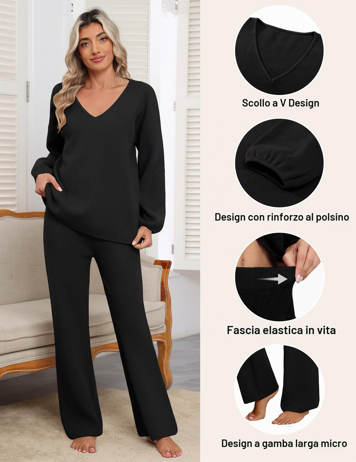 CMTOP Tuta Donna Elegante Completo 2 Pezzi Pigiama Invernale Autunno Casa Scollo a V Tailleur in Maglia Maniche Lunghe Pullover Top Elastico Vita Pantaloni a Gamba Larga Set Sportive