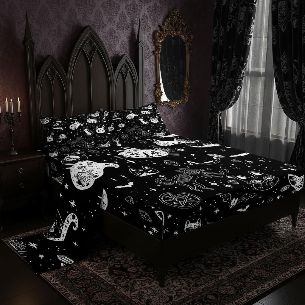 Castle Fairy Cat Skeleton Bed Sheet Set 4 Piece,Halloween Theme Gothic Skull Sheets Full Size Bed Set,Black and White Galaxy Quality Bedding Set with Flat,Fitted Sheet,2 Pillow Cases