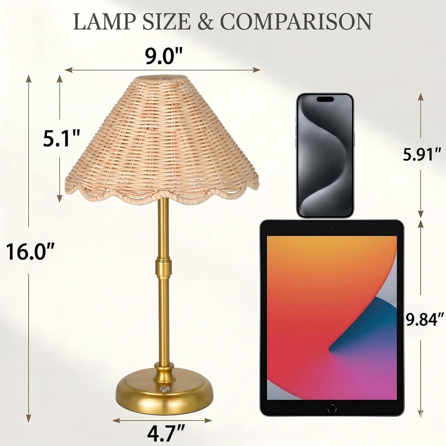 Cordless Boho Rattan Table lamp, 5200-mAh Rechargeable Battery, 3-level Brightness Dimmable, Build-in Integrated LED 320 Lumen Max, Rattan Shade, for Bedside Restaurant Resort Hotel Dining Table