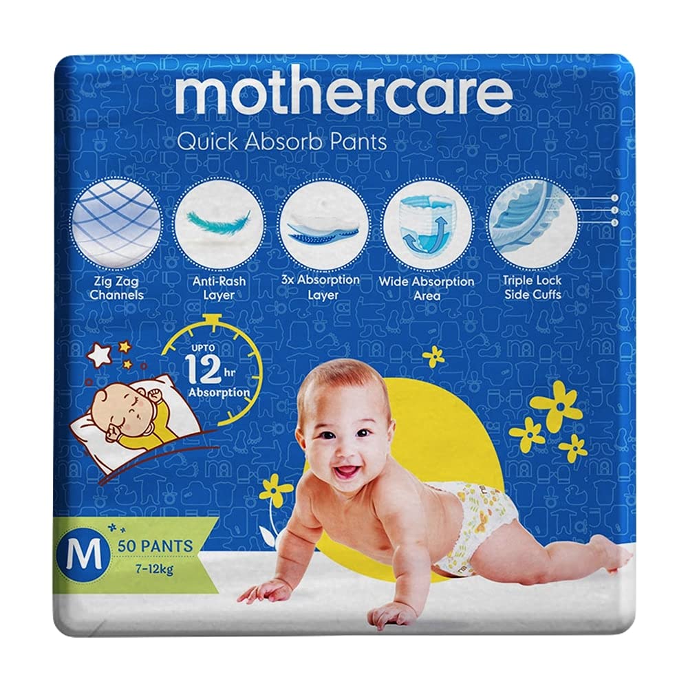 Mothercare Quick Absorb Diaper Pants for Babies, Medium (7-12 Kg), 50 Count, Anti Rash Layer, Wide Absorption Area Mothercare Quick Absorb Diaper Pants for Babies, Medium (7-12 Kg), 50 Count, Anti Rash Layer, Wide Absorption Area