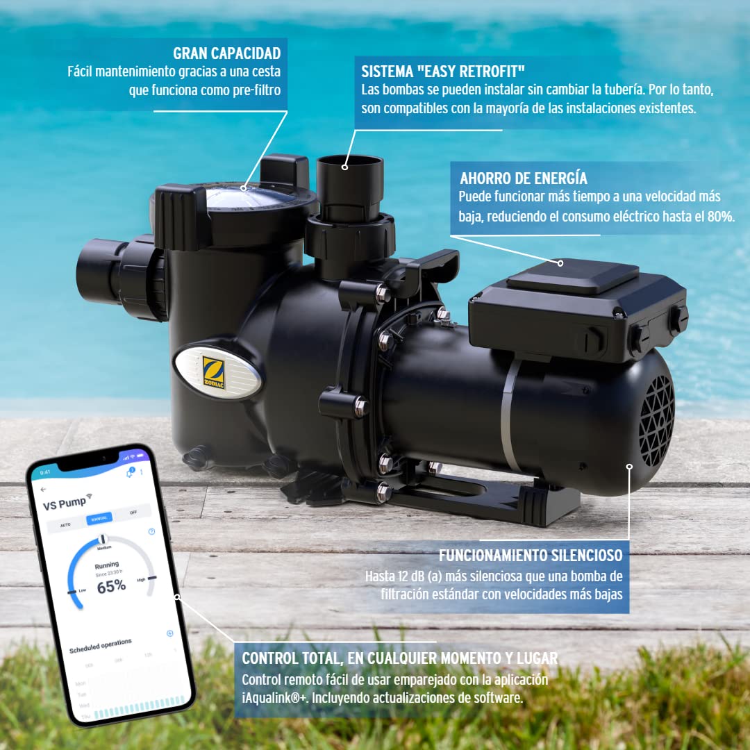 Zodiac E30 iQ 100 bomba de velocidad variable, recomendada para piscinas de hasta 80 m3, alta eficiencia energética en la filtración. Ahorra energía, silenciosa (-12dB) y control mediante una App